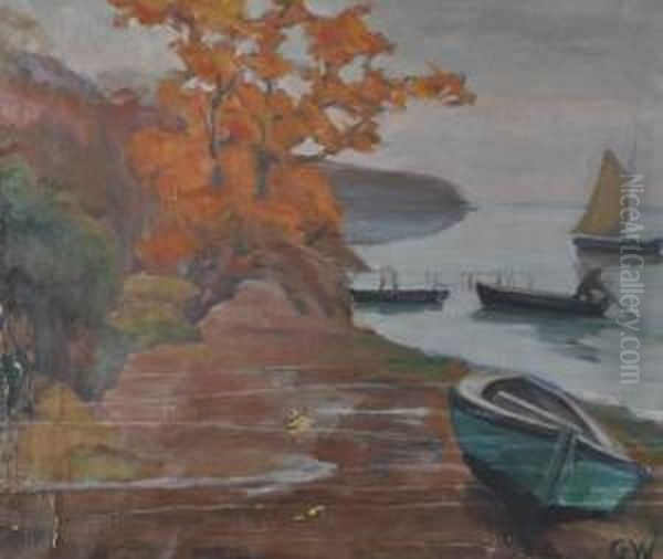 Beached Boats By A Lake Oil Painting by Gustav Wunderwald