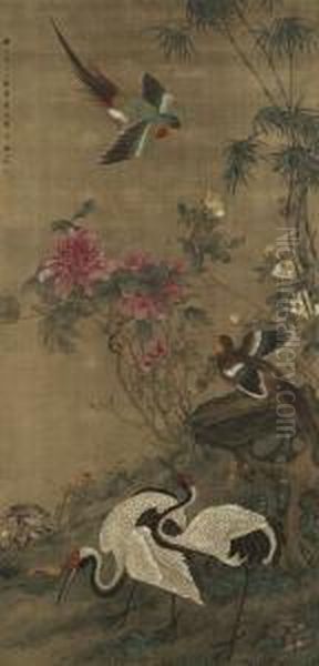 Cranes, Birds And Peonies Oil Painting by Ma Yuanyu