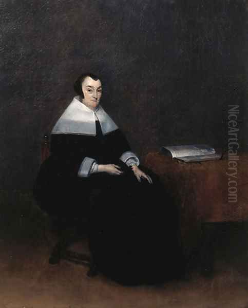 Portrait of an elderly woman, seated small full length by a table, wearing a black dress with lace collar and cuffs and a bonnet Oil Painting by Gerard Ter Borch
