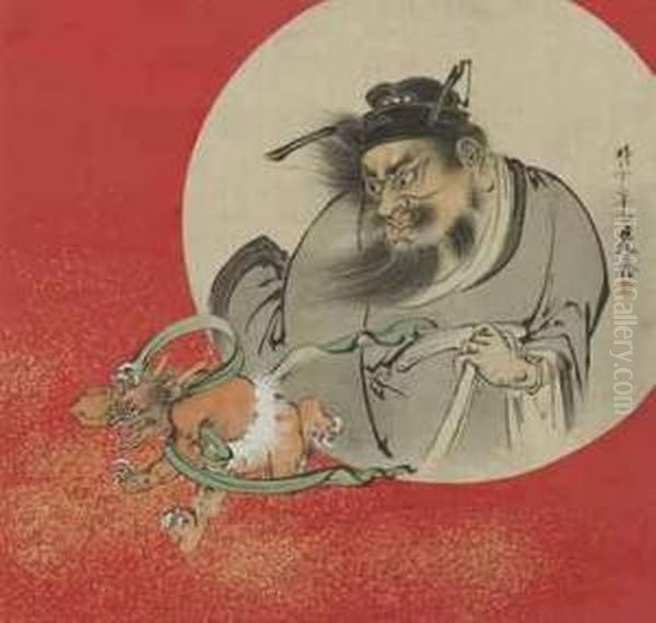 Shoki Exorcising A Demon Oil Painting by Zeshin Shibata