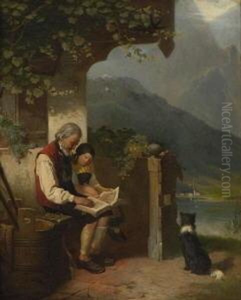 Grosvater Mit Enkelin Lesend Auf
 Der Bank Vor Dem Bauernhaus. Oil Painting by Franz Xaver Zimmer