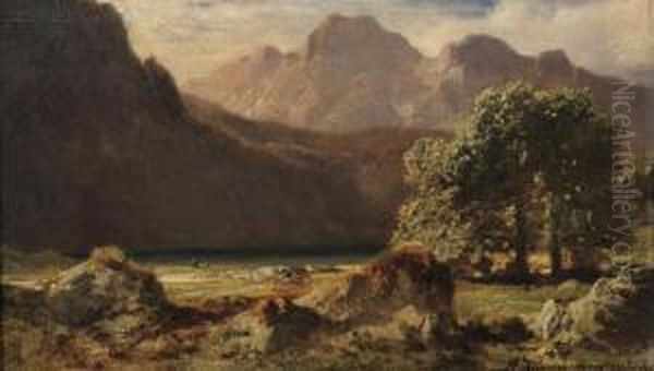 Mountain View By A Lake Oil Painting by August Albert Zimmermann
