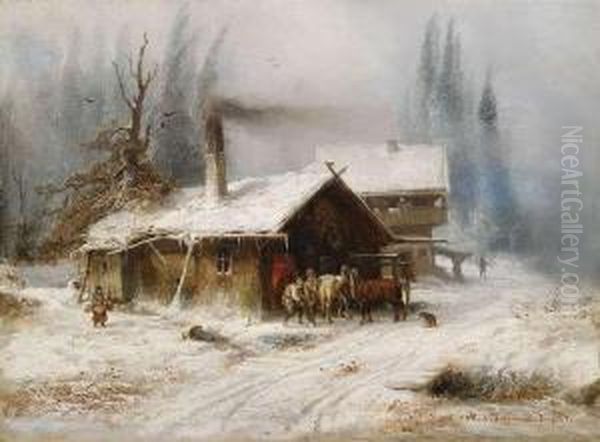 Wintry Landscapewith Horsemen At A Blacksmith's Shop. Oil Painting by Richard Zimmermann