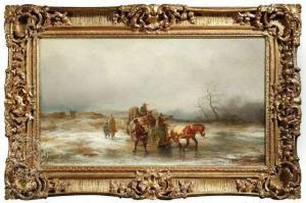 Performer'sfamily With A Sleigh In A Wintry Landscape Oil Painting by Richard Zimmermann