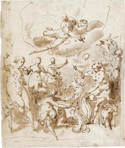 An Allegorical Subject, Possibly Commemorating A Marriage, With Jupiter Above And Various Figures Below, One Holding A Shield Oil Painting by Jacopo Zucchi