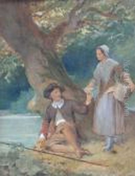 Young Maid And A Gentleman At A Riverside Oil Painting by John Absolon