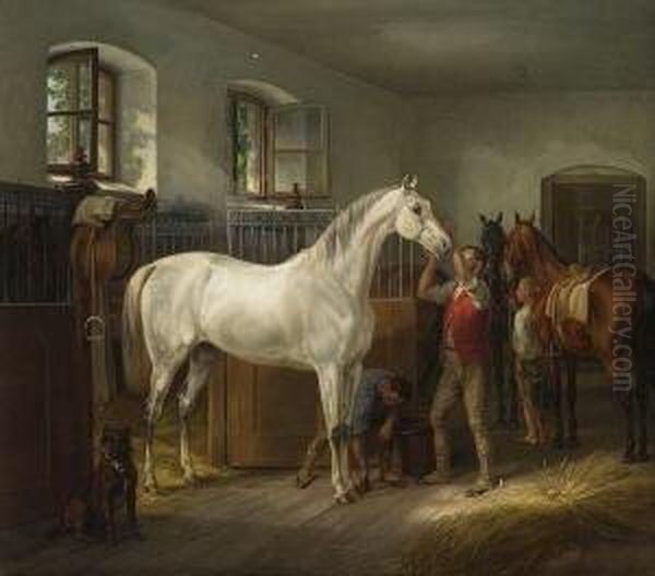 Im Pferdestall. Oil Painting by Adam Albrecht