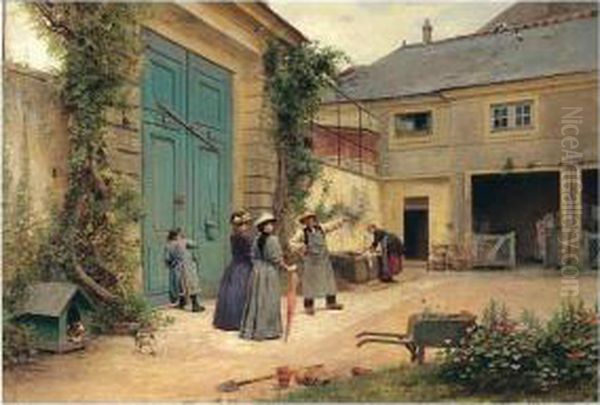 Demoiselles En Visite A La Ferme Oil Painting by Louis Emile Adan