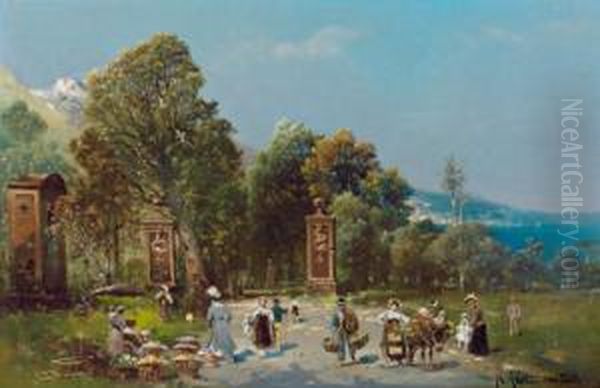 Andirivieni Al Mercato Sullo Sfondo Di Un Paesaggio Con Parco Oil Painting by Robert Alott
