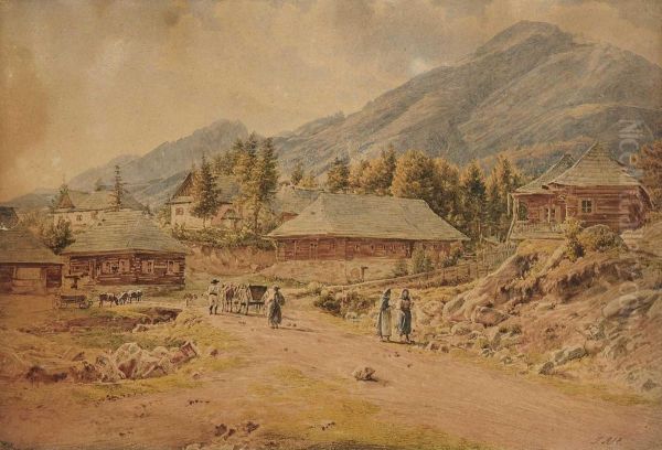 Bauern Auf Der Strase Vor Einem Gebirgsdorf Oil Painting by Jacob Alt