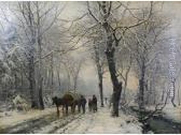 Wooded Winter Landscape Under 
Snow With Family Walking Beside A Horse Drawn Covered Wagon On A Lane Oil Painting by Anders Anderson-Lundby