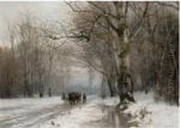 Winter Landscape With A Horse-drawn Cart Oil Painting by Anders Anderson-Lundby