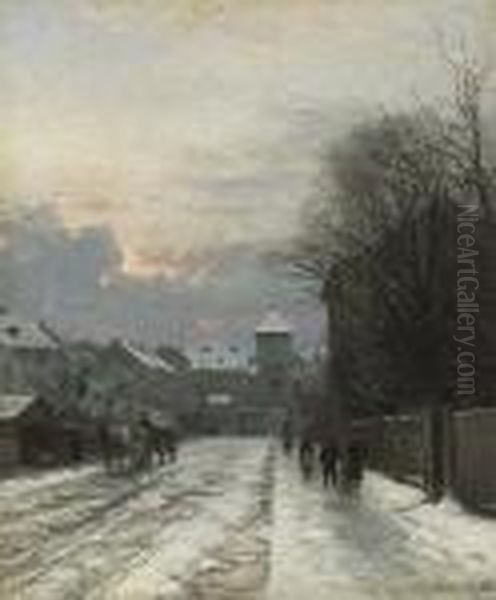 Winterliche Strasenszene Vor Dem
 Stadttor. Oil Painting by Anders Anderson-Lundby