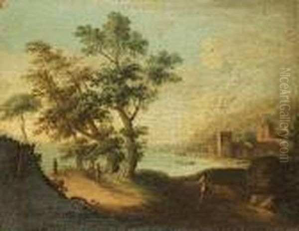 A River Landscape With Fishermen
 In A Boat With Figures On The Bank; And, A River Landscape With Figures
 On A Path, A Village Beyond Oil Painting by Paolo Anesi