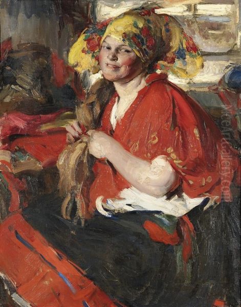 A Peasant Woman In A Red Shawl Oil Painting by Abram Efimovich Arkhipov