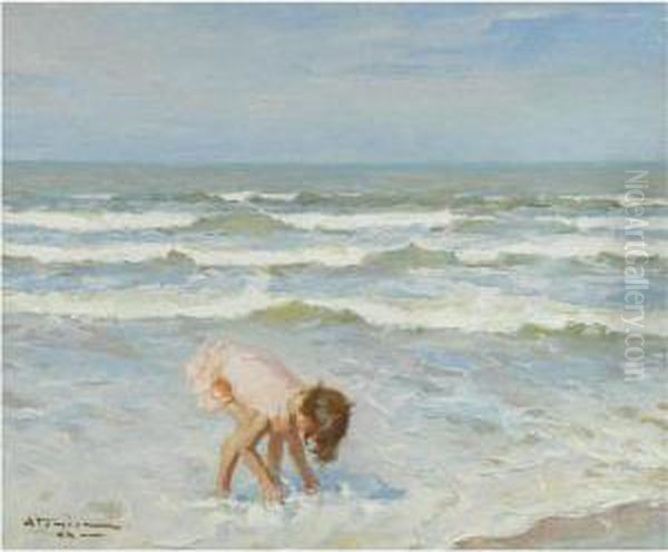 Child On A Beach Oil Painting by Charles Garabed Atamian
