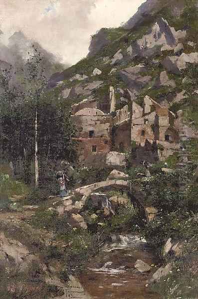 Faggot gatherers crossing a bridge at an Italian hilltown Oil Painting by Carlo Brancaccio