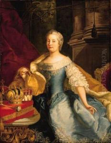 Portrait Of The Empress 
Maria-theresa, Three-quarter-length, In Asilver-embroidered Blue Dress 
With Lace Sleeves And Bodice, With Anermine-lined Cloth-of-gold Cloak, 
By A Table Bearing The Imperialregalia On A Red Cushion Oil Painting by Johann-Gottfried Auerbach