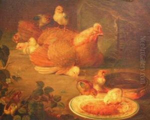 Chickens Feeding Oil Painting by Ben Austrian