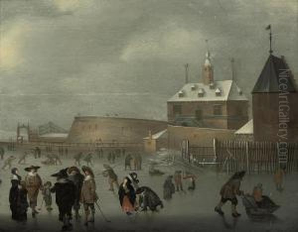 A Winter Landscape With Skaters 
And Kolf Players On The Ice, A House And A Viewing Point Beyond Oil Painting by Hendrick Avercamp