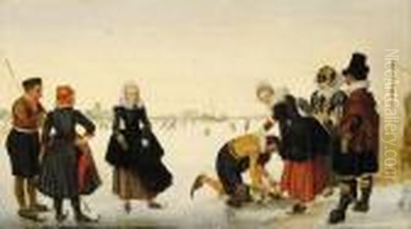 Elegant Ladies And Gentlemen On A Frozen River Oil Painting by Hendrick Avercamp