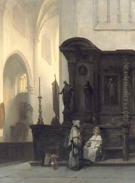Gothische kerk te Wouw a Gothic church interior with monks conversing Oil Painting by Johannes Bosboom