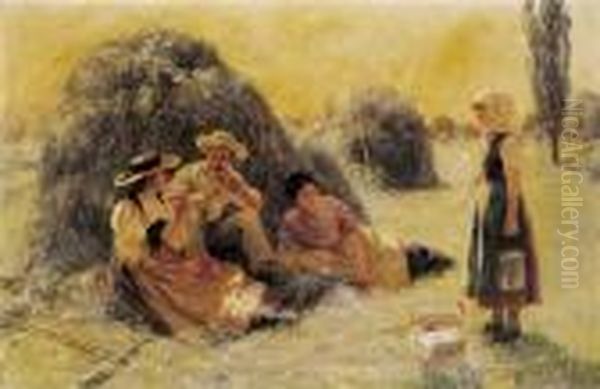 Zvieri Bei Der Heuet. Oil Painting by Hans Bachmann