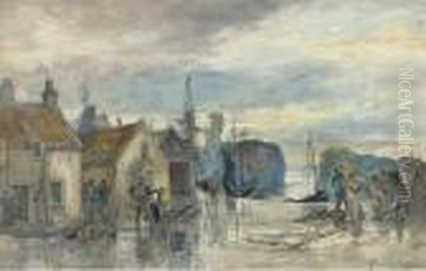 Fishermen Gossiping On The Quayside; And Fishing Boats In Harbour Oil Painting by Alexander Ballingall