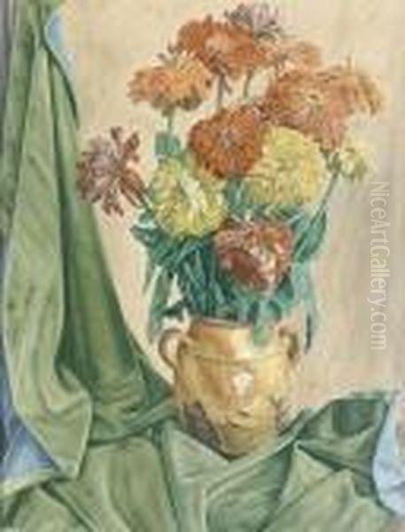 Prachtvolles Stillleben Mit Astern In Einer Gelben Vase. Oil Painting by Aime Barraud