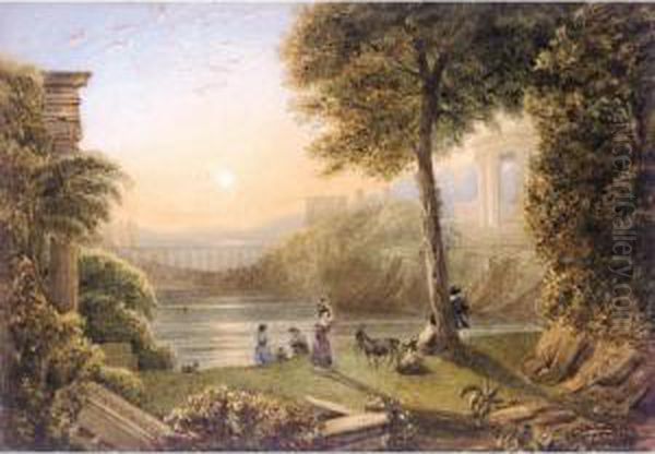 Sunset - Figures Above A River In An Italianate Landscape Oil Painting by George Jnr Barrett