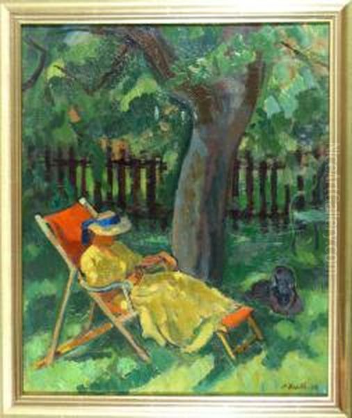 Frau In Liegestuhl Oil Painting by Paul Basilius Barth
