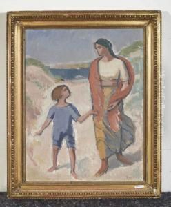 Mutter Und Kind Am Strand.