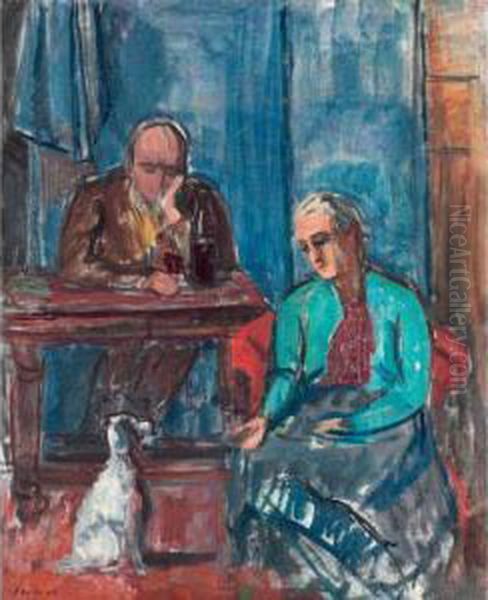 Self-portrait With Wife And Dog Oil Painting by Paul Basilius Barth