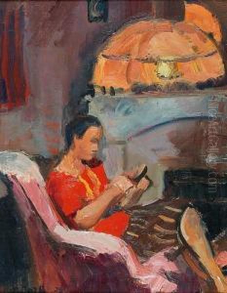 Interieur Mit Strickender Frau In Einem Sessel. Oil Painting by Paul Basilius Barth