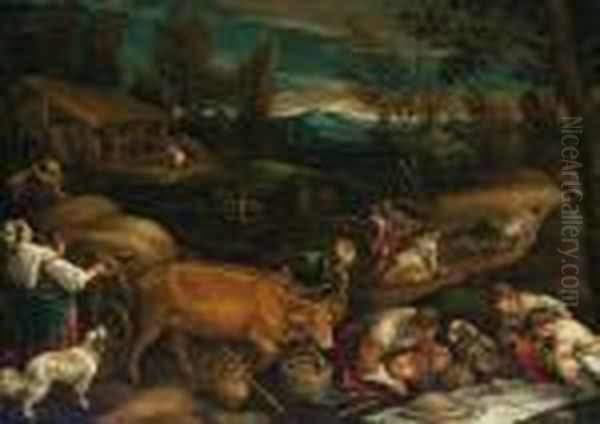 Summer: A Wooded Landscape With 
Peasants Harvesting, A Meal Beinglaid Out In The Foreground Oil Painting by Jacopo Bassano (Jacopo da Ponte)