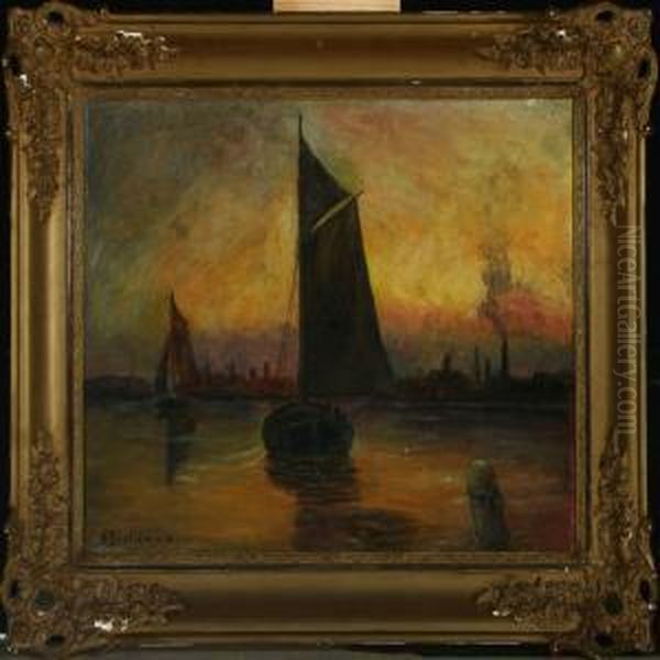 Sunset At A Harbour Oil Painting by Alfred Bastien