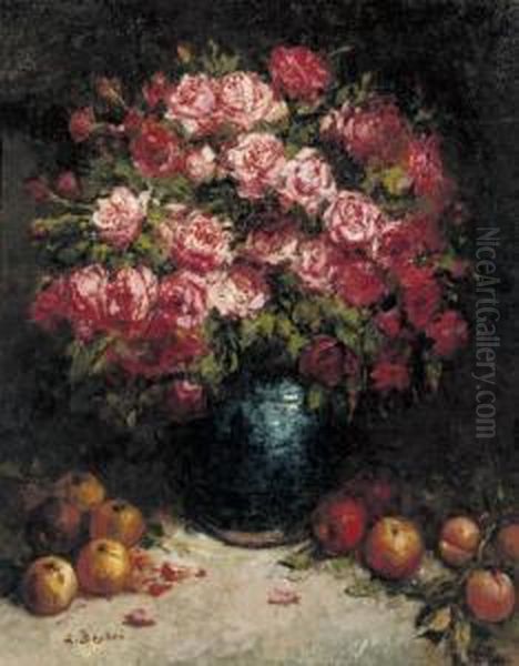 Apples And Roses Oil Painting by Alfred Bastien