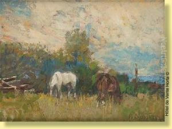 Deux Chevaux Au Paturage Oil Painting by Alfred Bastien