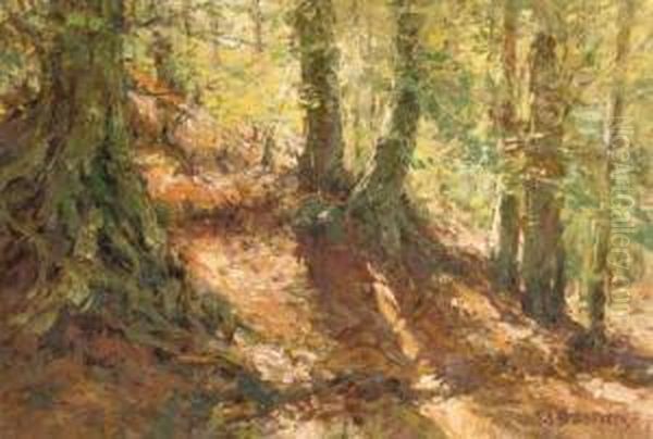 In A Sunlit Forest Oil Painting by Alfred Bastien