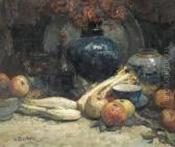 Stillleben Mit Obst, Gemuse Und Vasen. Oil Painting by Alfred Bastien