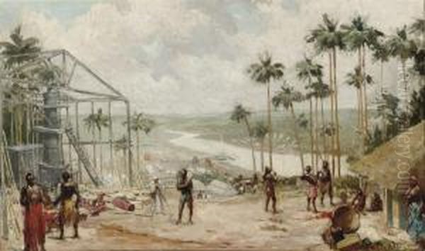 A River Landscape In Belgian Congo With Constructors Oil Painting by Alfred Bastien