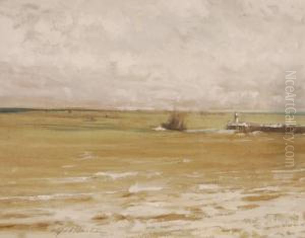 Coastal View Towards A Lighthouse Oil Painting by Alfred Bastien