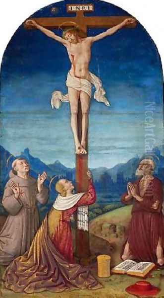 Christ on the Cross with Saint Mary Magdalen, Saint Jerome and Saint Francis Oil Painting by Jean Bourdichon