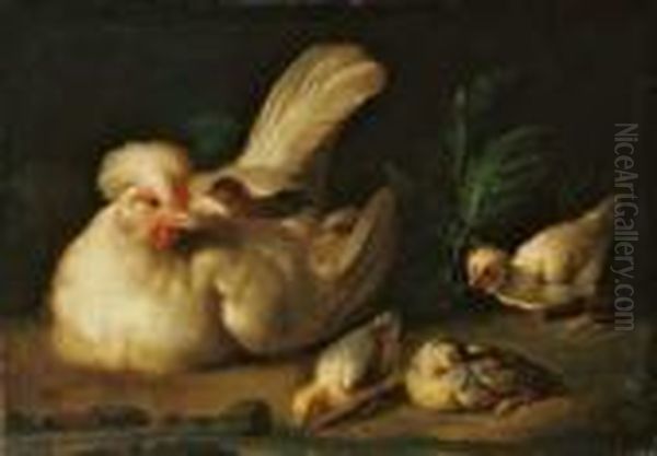 Eine Henne Mit Kuken. Unten 
Links Moglicherweise Der Rest Einer Signatur. Ol Auf Leinwand 
(doubliert). H 37; B 51 Cm. Provenienz: Ehemals Im Besitz Eines Erfurter
 Industriellen. Oil Painting by Jacob Samuel Beck