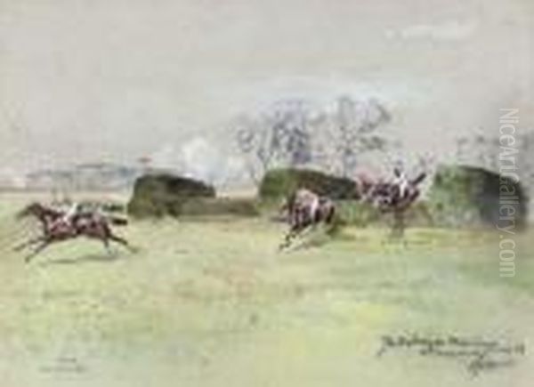 The Prince Of Wales's 
Steeplechase, 2nd Time Round, Sandown Park;and At The Water For The 
Prince Of Wales's Steeplechase, Sandownpark Oil Painting by John Axel Beer