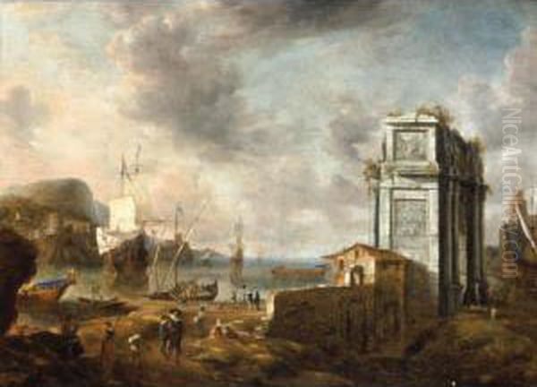 A Capriccio Of A Mediterranean 
Harbour With Elegant Figures And A Roman Triumphal Arch, A Dutch 
Man-of-war Beyond Oil Painting by Jan Abrahamsz. Beerstraaten