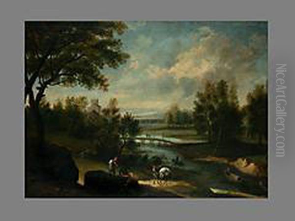 Landschaft Mit Fluss Und Traidlerpferden Oil Painting by Joachim-Franz Beich