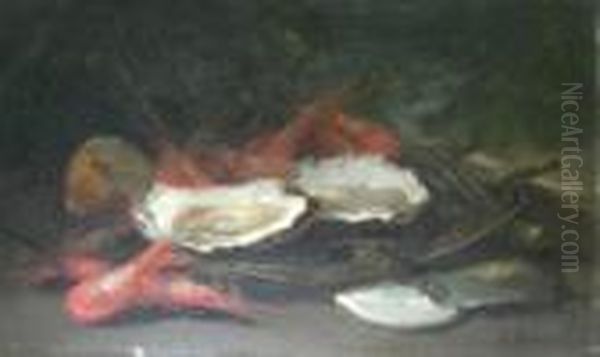 Still Life Of Oysters And Prawns Oil Painting by Hubert Bellis