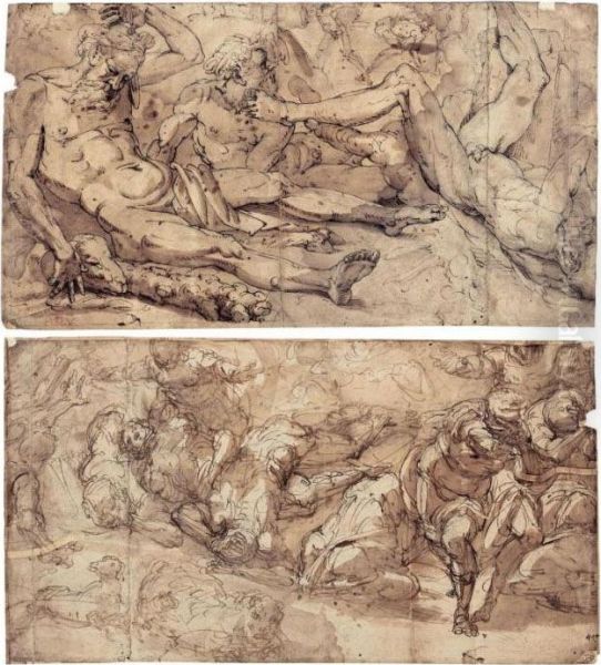 Recto : A Battle Scene; Verso : 
Three Figures, After The Ceiling Decoration Of The Salone Dei Giganti In
 Palazzo Doria Oil Painting by Giulio Benso