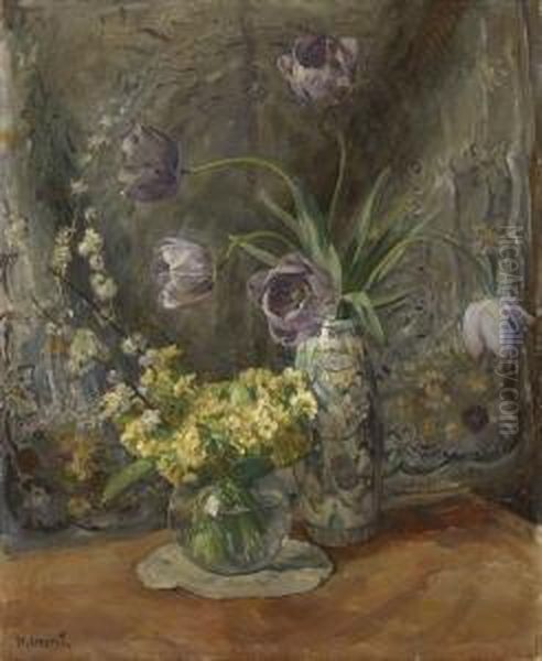 Stillleben Mit Tulpen,
 Schlusselblumen Und Bluhenden Zweigen. Oil Painting by Max Bergmann